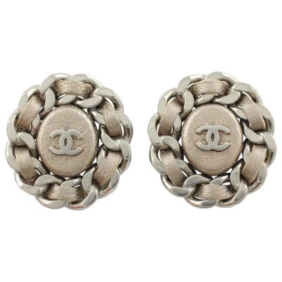 Chanel CC Leather Woven Chain Earrings Front