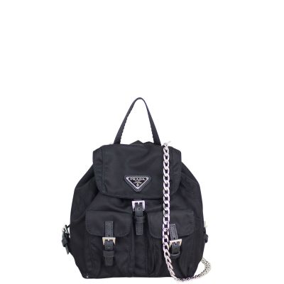 Prada Mini Tessuto Drawstring Convertible Backpack front chain