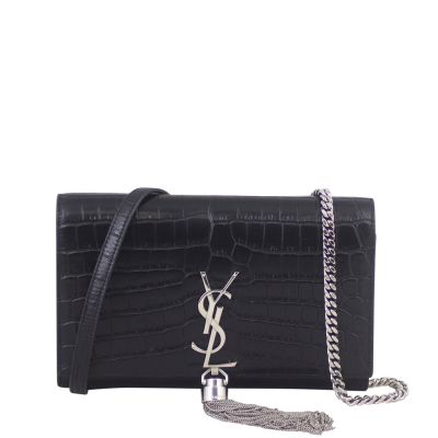 Saint Laurent Kate Tassel Croc Embossed Chain Wallet Front